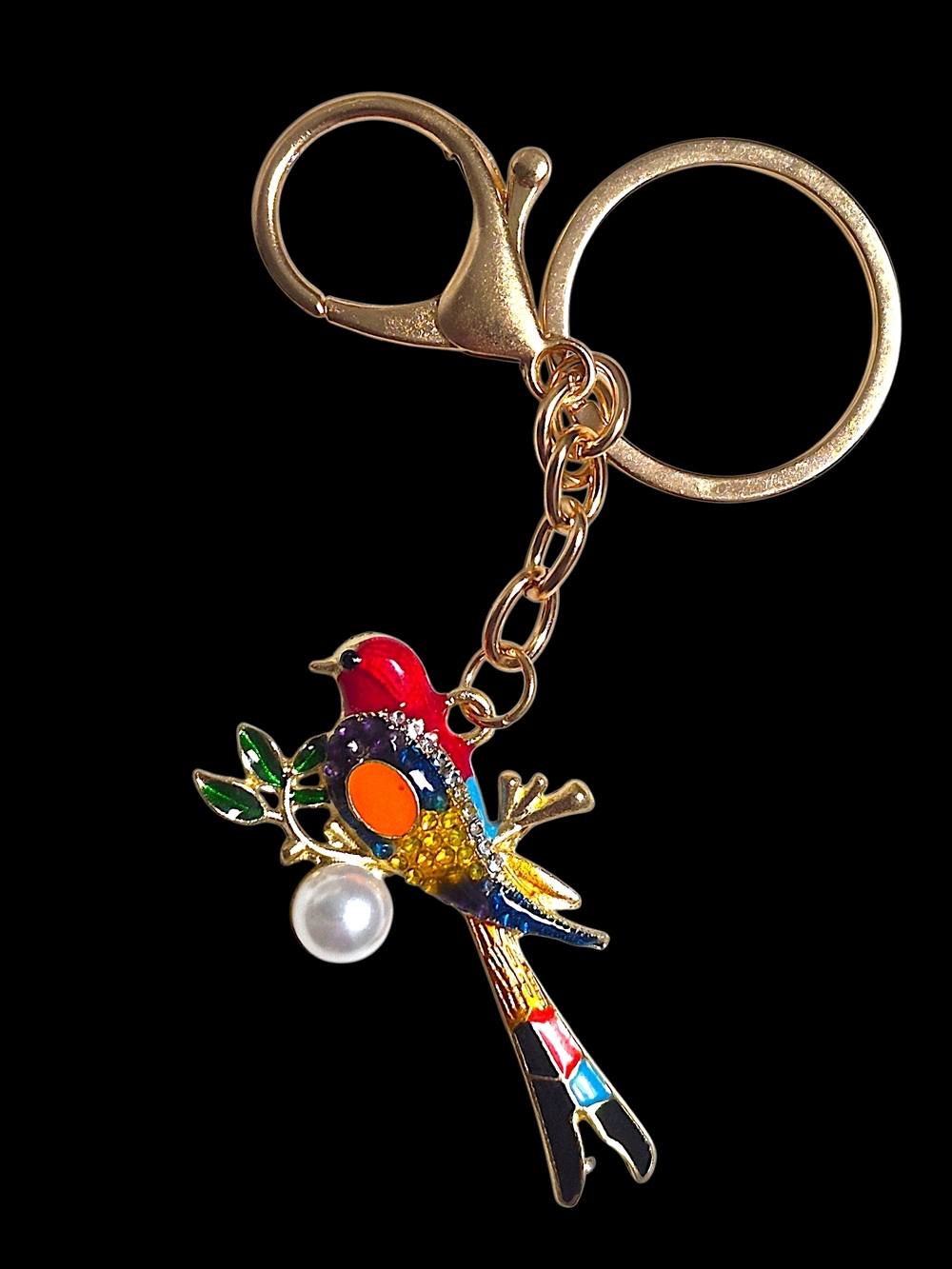 Multicolor Enamel Parrot Bag Charm /  Keychain with Faux Pearl